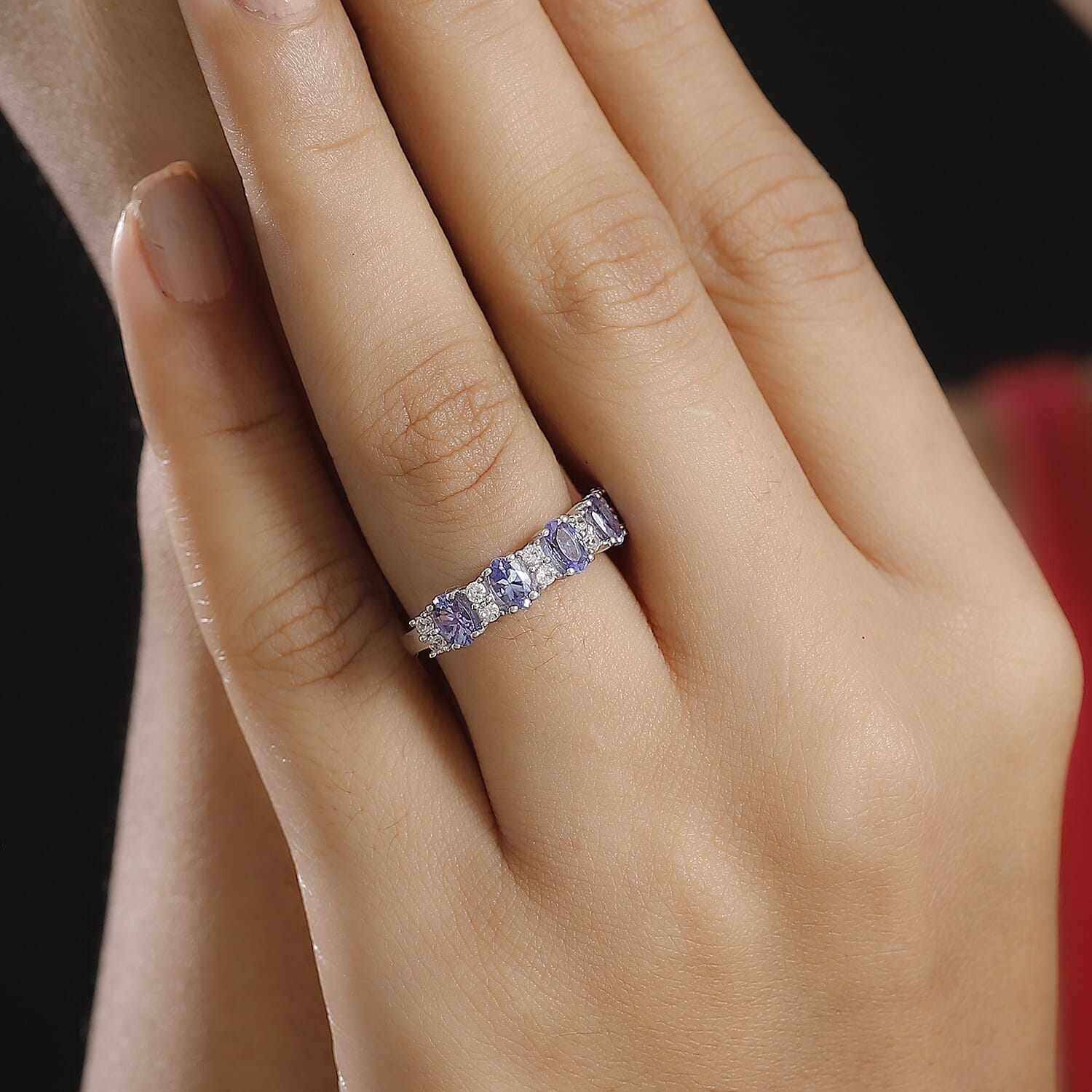 Tanzanite & White Zircon Cluster Ring in Rhodium Overlay Sterling Silver 1.59 Ct.