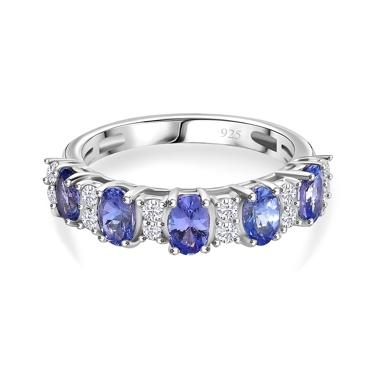 Tanzanite & White Zircon Cluster Ring in Rhodium Overlay Sterling Silver 1.59 Ct.