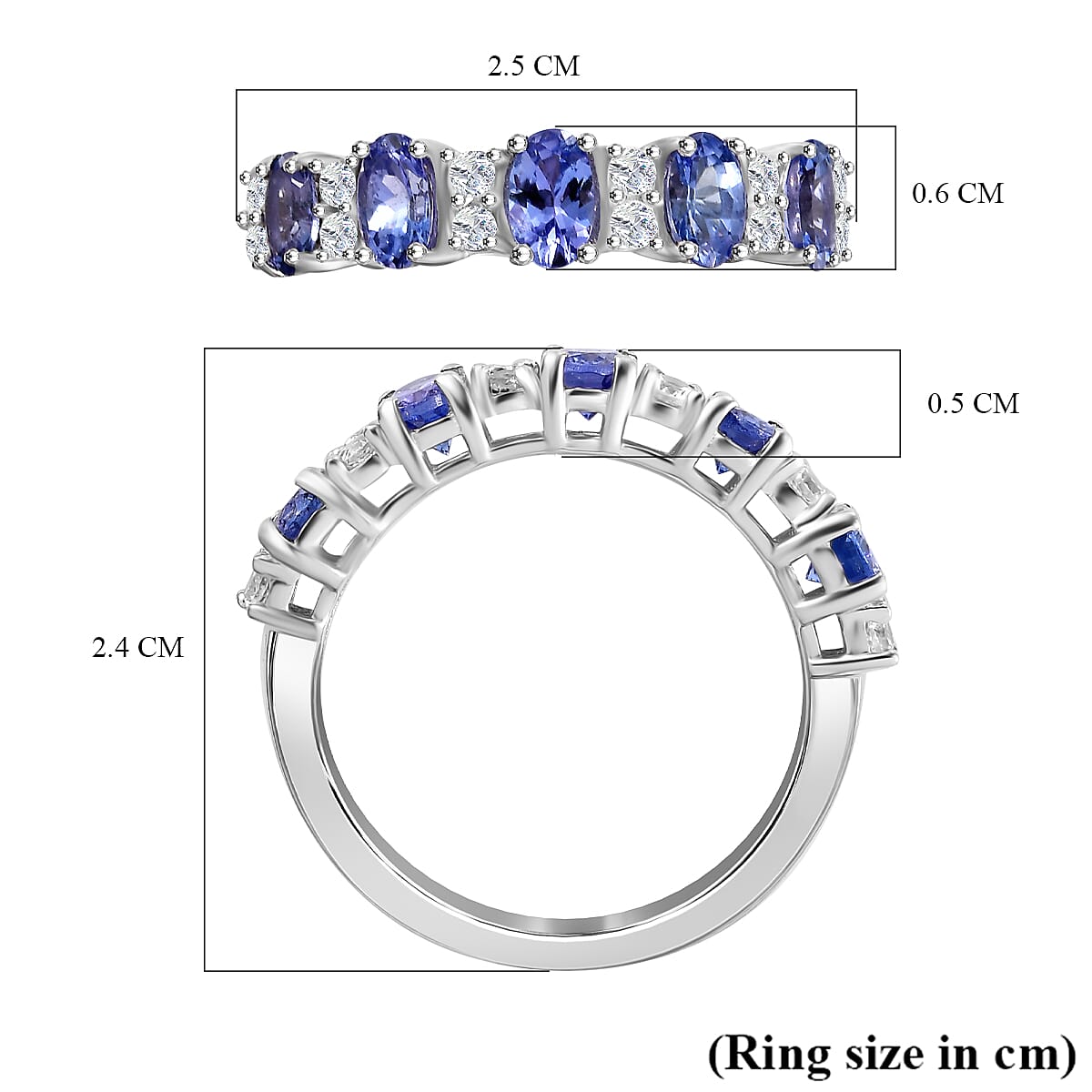 Tanzanite & White Zircon Cluster Ring in Rhodium Overlay Sterling Silver 1.59 Ct.