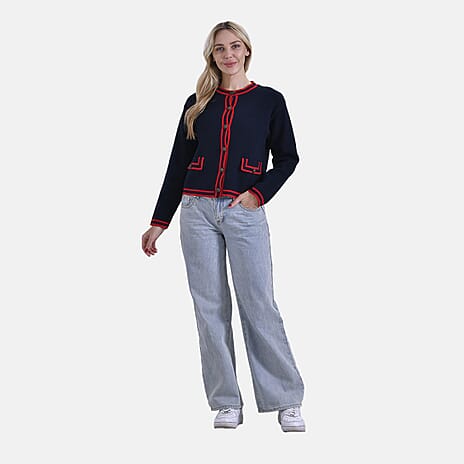 La Marey 100% Cotton Knitted Jacket (Size 16 to 18) - Navy & Red