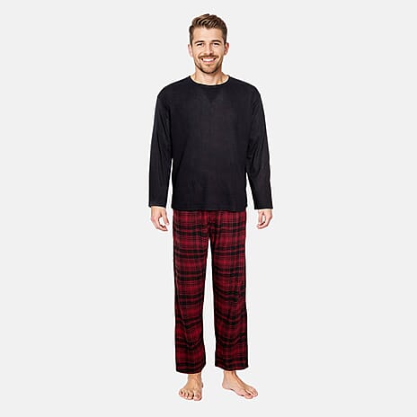 Essential Sleepwear Mens Waffle Tshirt with Check Flannel Lounge Pants (Size M) - Black & Maroon