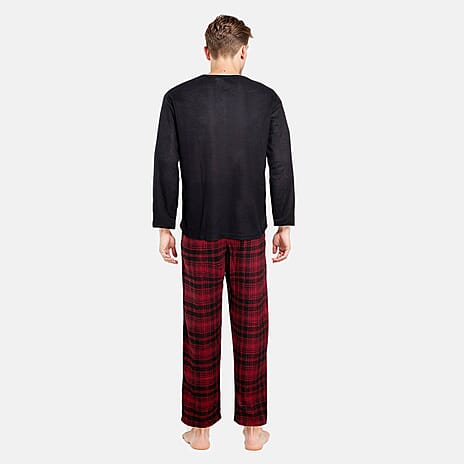 Essential Sleepwear Mens Waffle Tshirt with Check Flannel Lounge Pants (Size M) - Black & Maroon