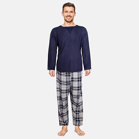 Essential Sleepwear Mens Waffle T-Shirt with Check Flannel Lounge Pants (Size L) - Navy & Grey