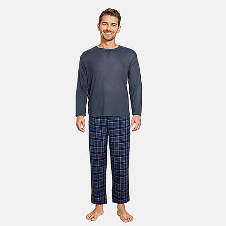 Essential Sleepwear Mens Waffle T-Shirt with Check Flannel Lounge Pants (Size L) - Teal &  Blue