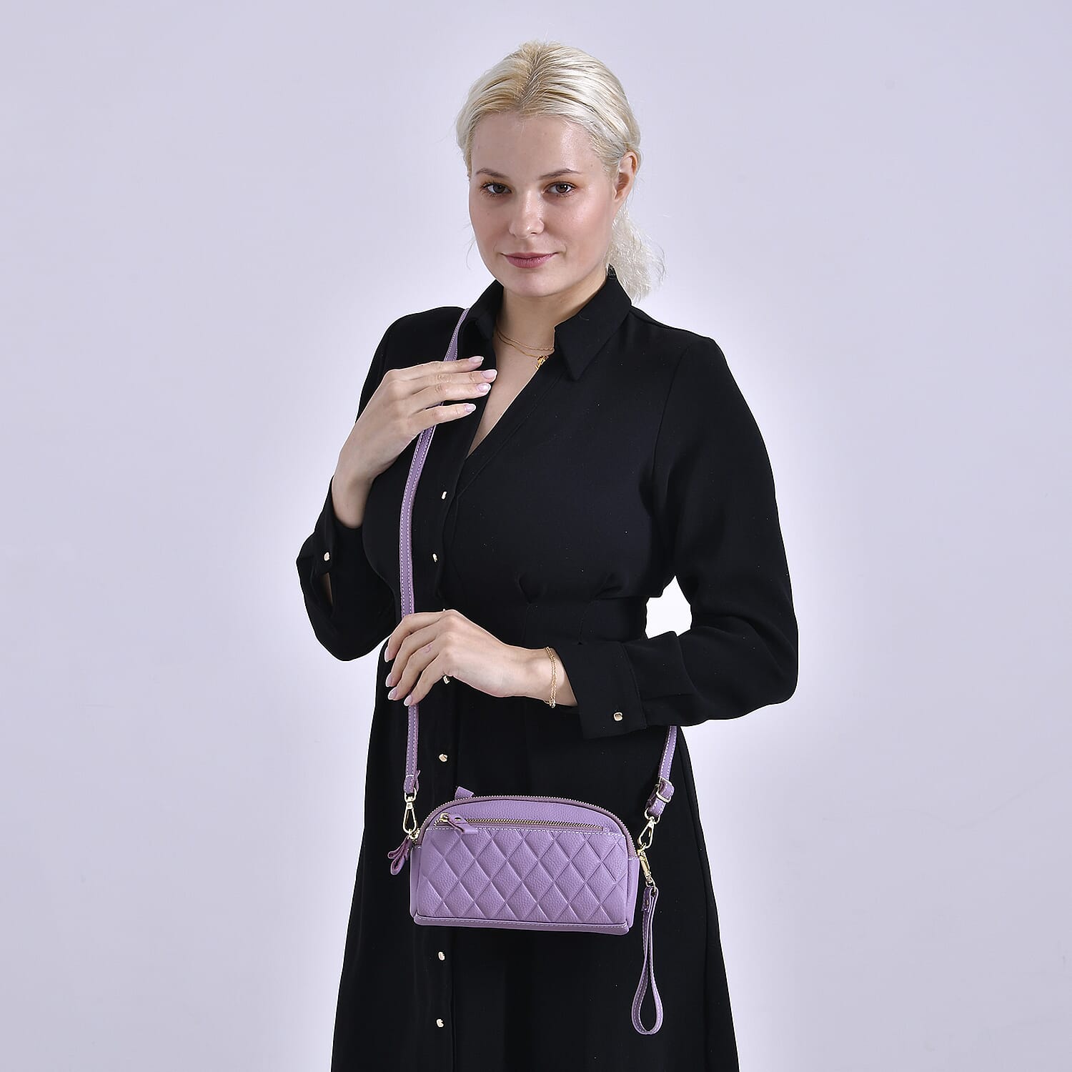 Mega Closeout - 100% Genuine Leather Embossed Crossbody Bag - Purple