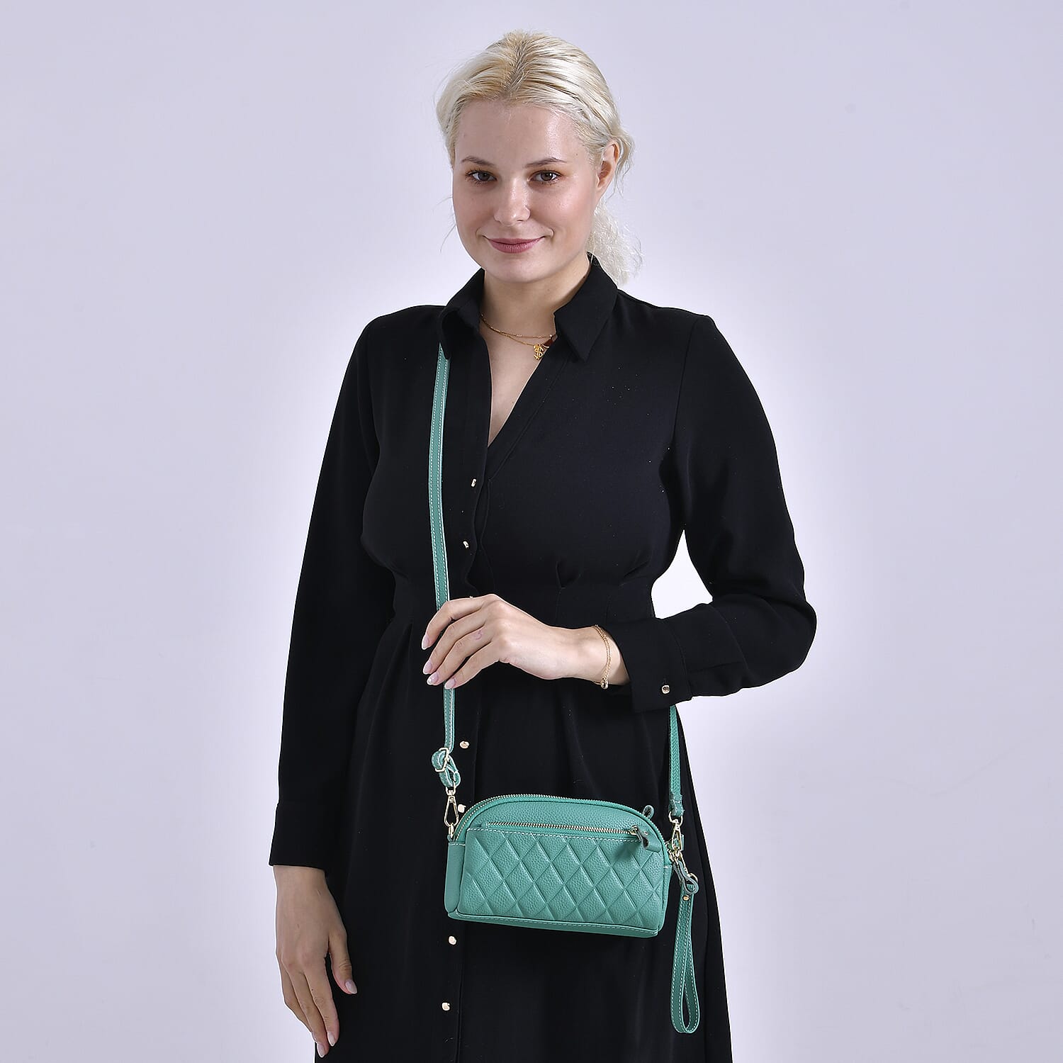Mega Closeout - 100% Genuine Leather Embossed Crossbody Bag - Teal
