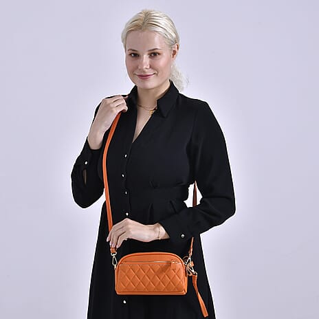 Mega Closeout - 100% Genuine Leather Embossed Crossbody Bag - Orange