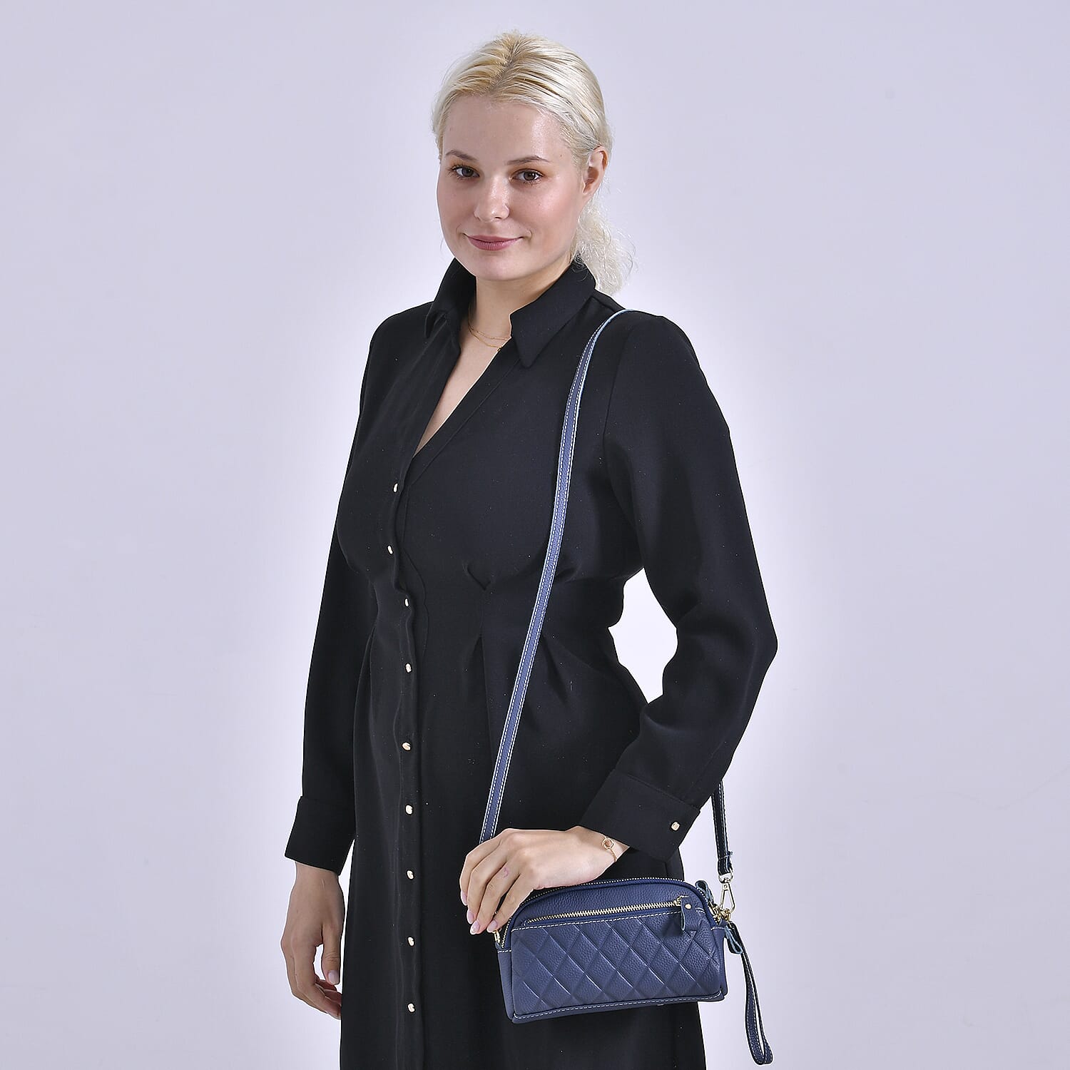 Mega Closeout - 100% Genuine Leather Embossed Crossbody Bag - Navy