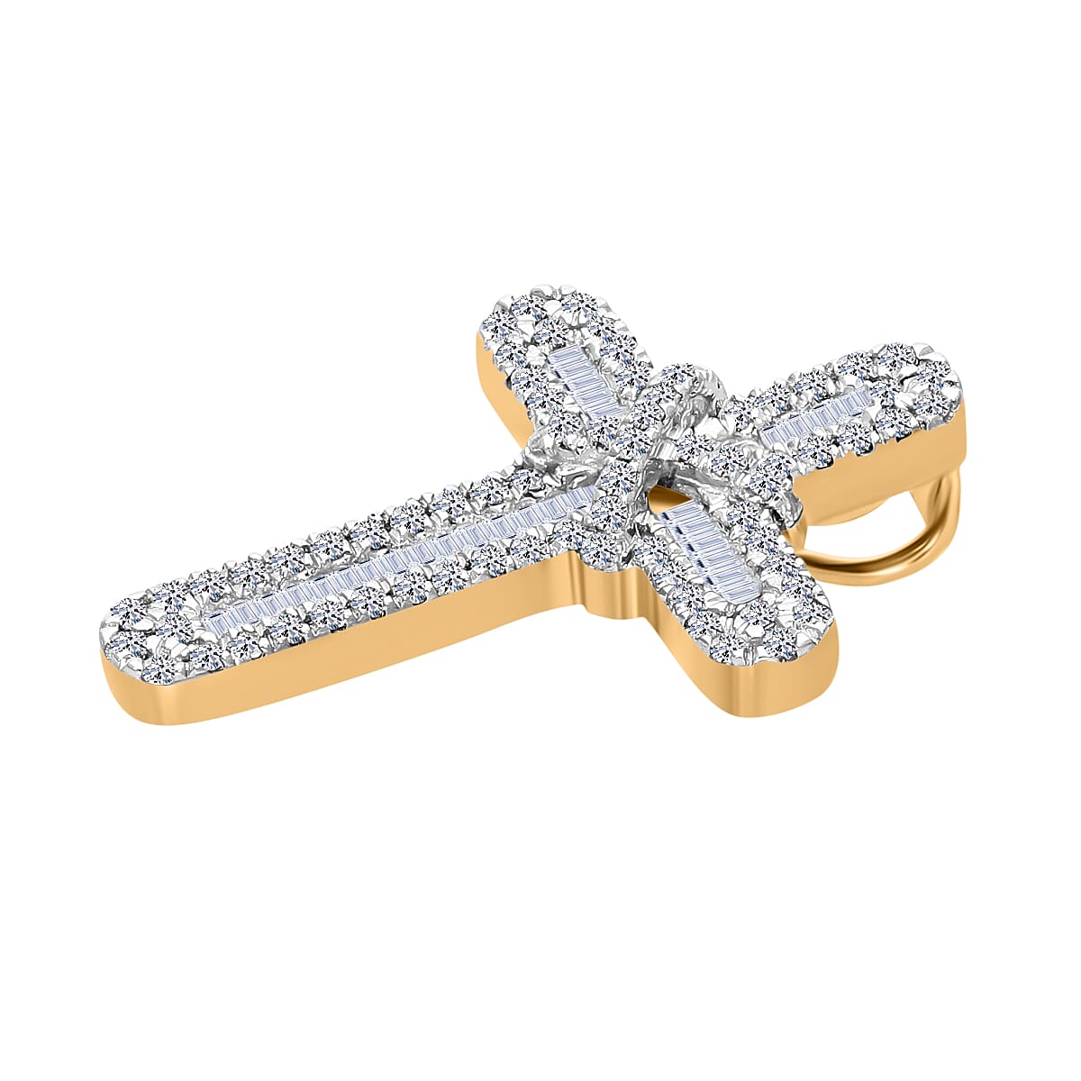 White Diamond Cross Pendant in Yellow Gold Sterling Silver 0.53 Ct.