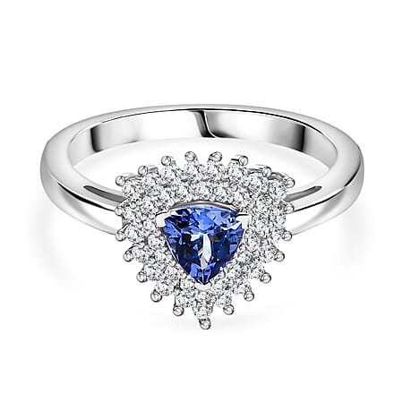 Tanzanite ,  White Zircon  Main Stone With Side Stone Ring in Rhodium Overlay Sterling Silver 0.98 ct  0.830  Ct.