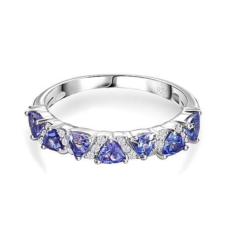 Tanzanite & White Zircon Band Ring in Rhodium Overlay Sterling Silver 1.07 Ct.