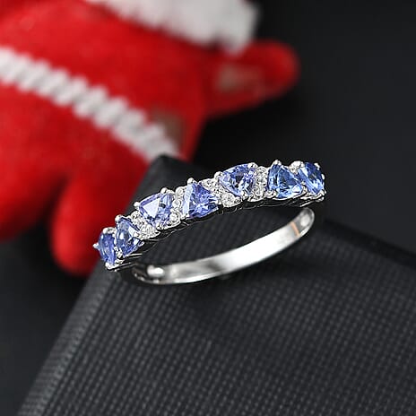 Tanzanite & White Zircon Band Ring in Rhodium Overlay Sterling Silver 1.07 Ct.