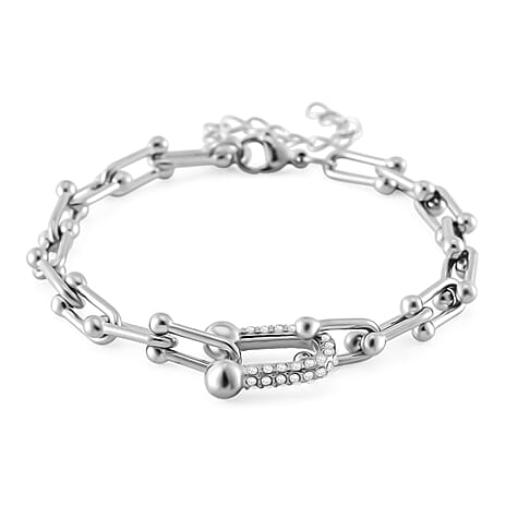 Designer Inspired White Crystal Industrial Link Bracelet (Size - 7.5 - 2 Ext) with Lobster Clasp in White Tone