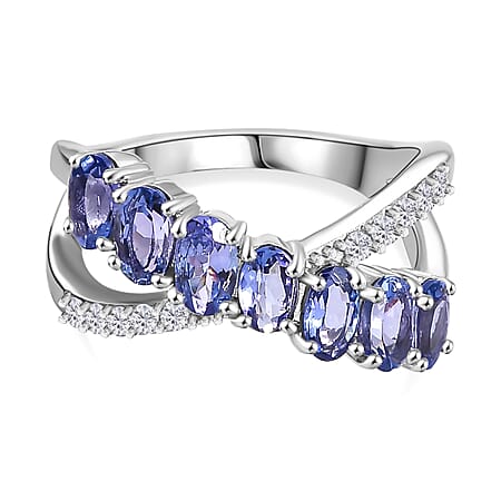 Tanzanite ,  White Zircon  Fancy Ring in Rhodium Overlay Sterling Silver 2.05 ct  1.831  Ct.