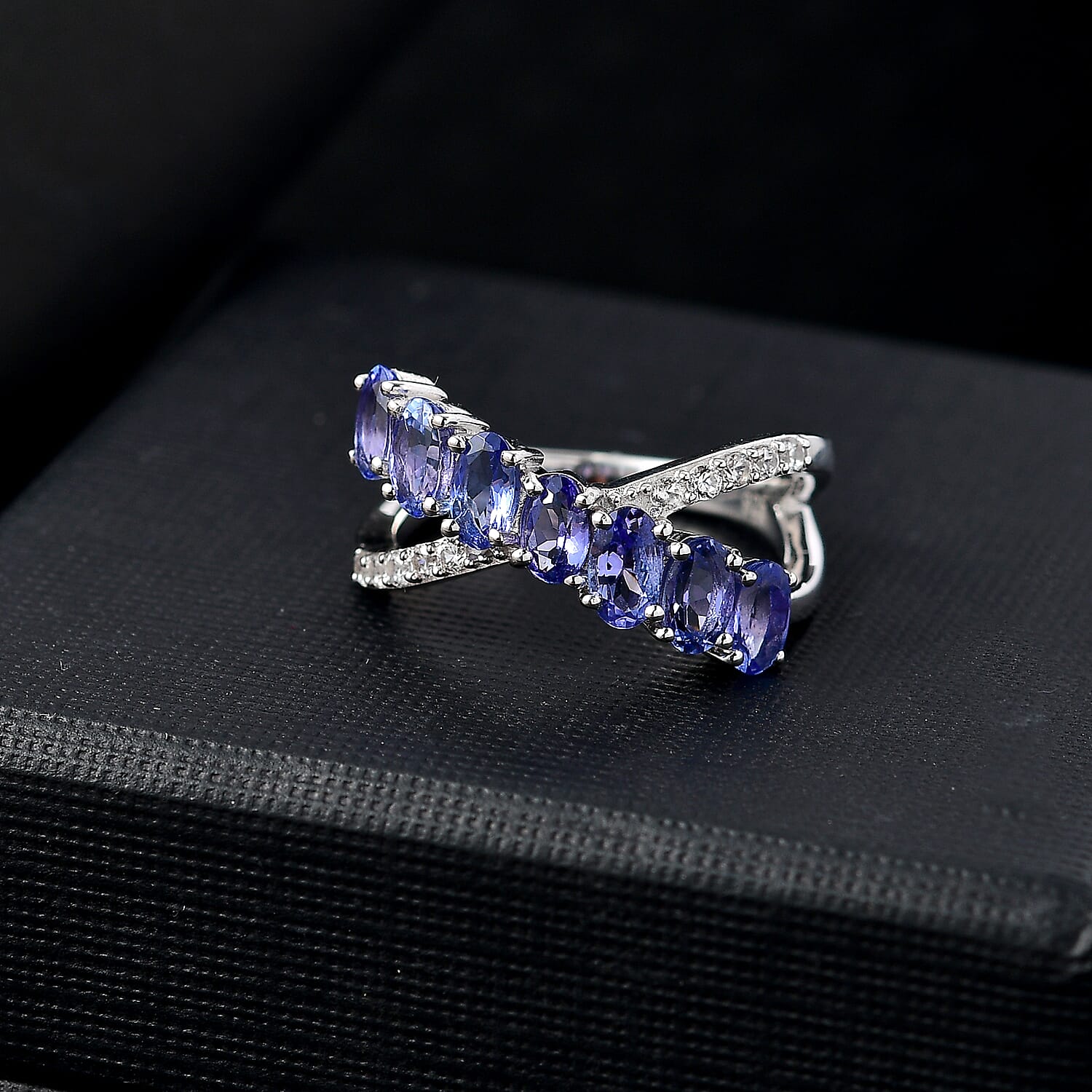 Tanzanite & White Zircon Ring in Rhodium Overlay Sterling Silver  1.83 Ct.