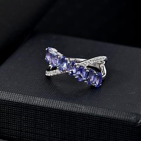Tanzanite & White Zircon Ring in Rhodium Overlay Sterling Silver  1.83 Ct.