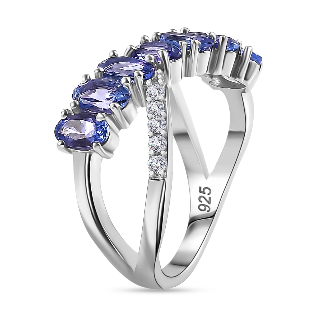 Tanzanite & White Zircon Ring in Rhodium Overlay Sterling Silver  1.83 Ct.
