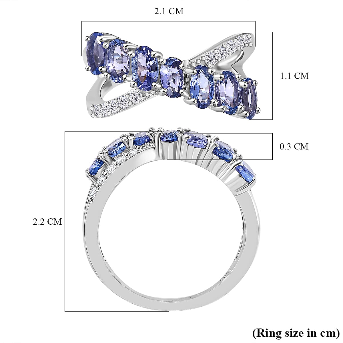 Tanzanite & White Zircon Ring in Rhodium Overlay Sterling Silver  1.83 Ct.