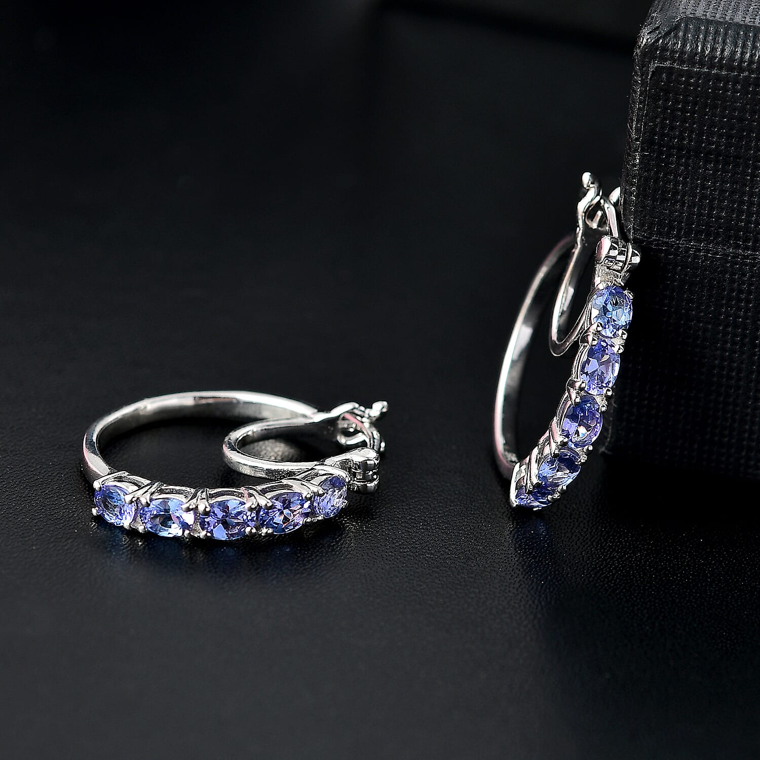 Tanzanite Full Hoop Earring With Clasp in Rhodium Overlay Sterling Silver 1.80 Ct.