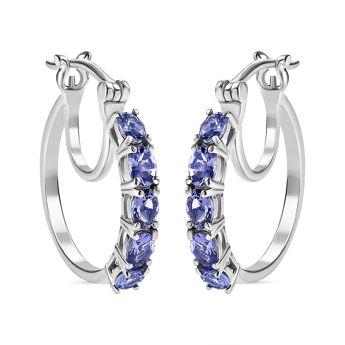 Tanzanite Full Hoop Earring With Clasp in Rhodium Overlay Sterling Silver 1.80 Ct.