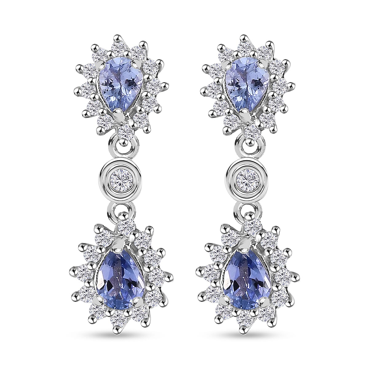 Tanzanite & White Zircon Dangling Earring With Push Back in Rhodium Overlay Sterling Silver 1.29 Ct.