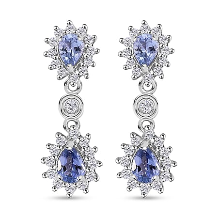 Tanzanite ,  White Zircon  Dangling Earring in Rhodium Overlay Sterling Silver 1.32 ct  1.286  Ct.