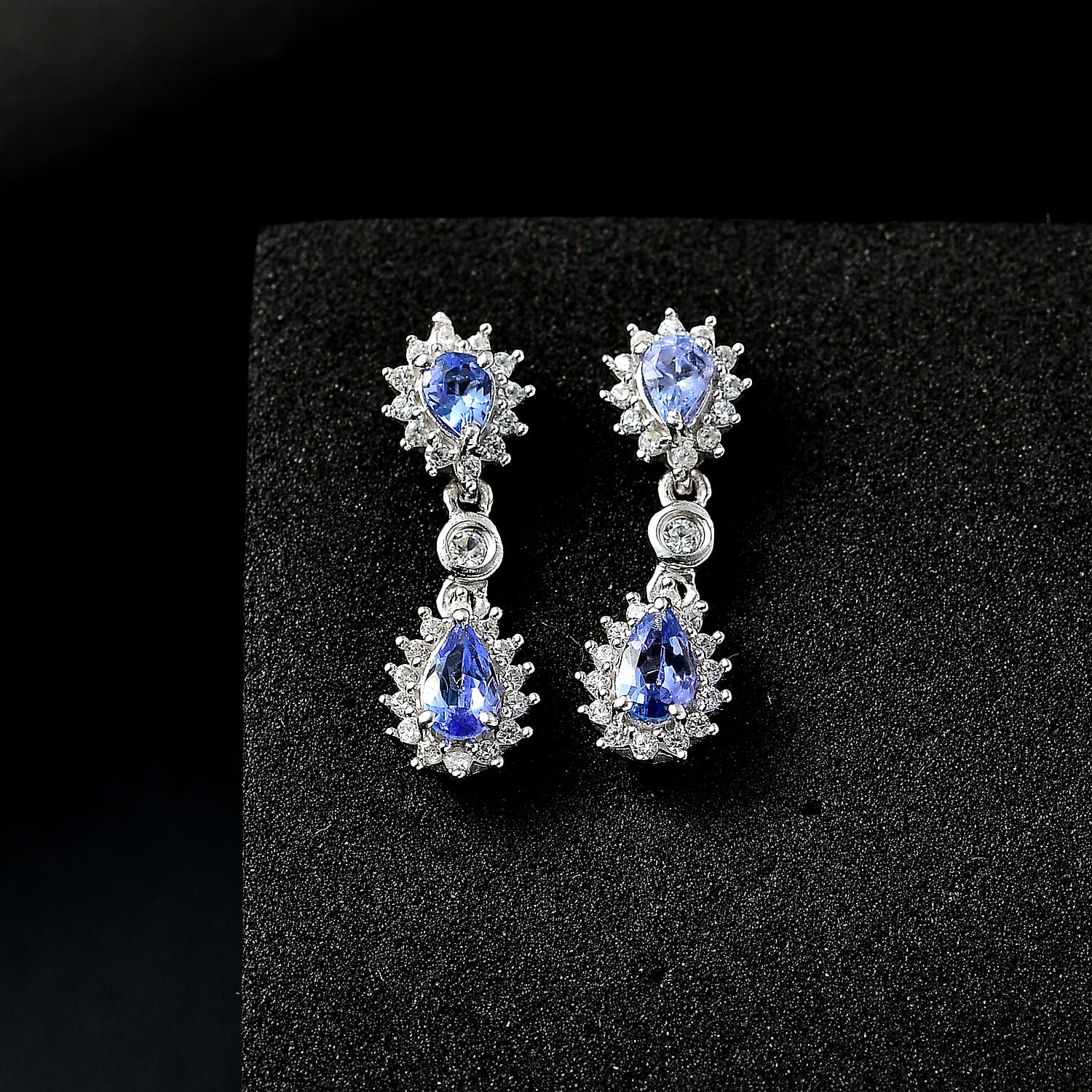 Tanzanite & White Zircon Dangling Earring With Push Back in Rhodium Overlay Sterling Silver 1.29 Ct.