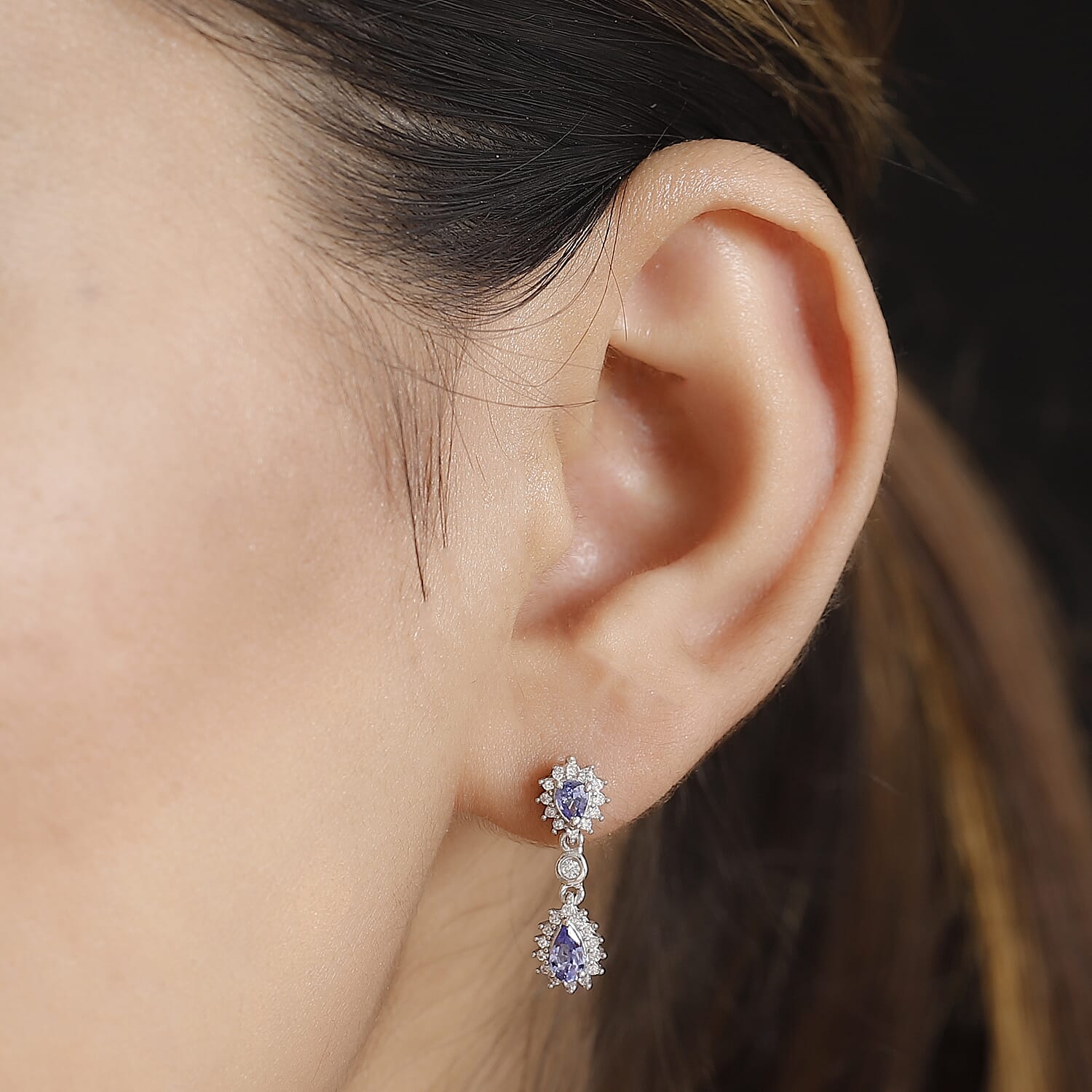 Tanzanite & White Zircon Dangling Earring With Push Back in Rhodium Overlay Sterling Silver 1.29 Ct.