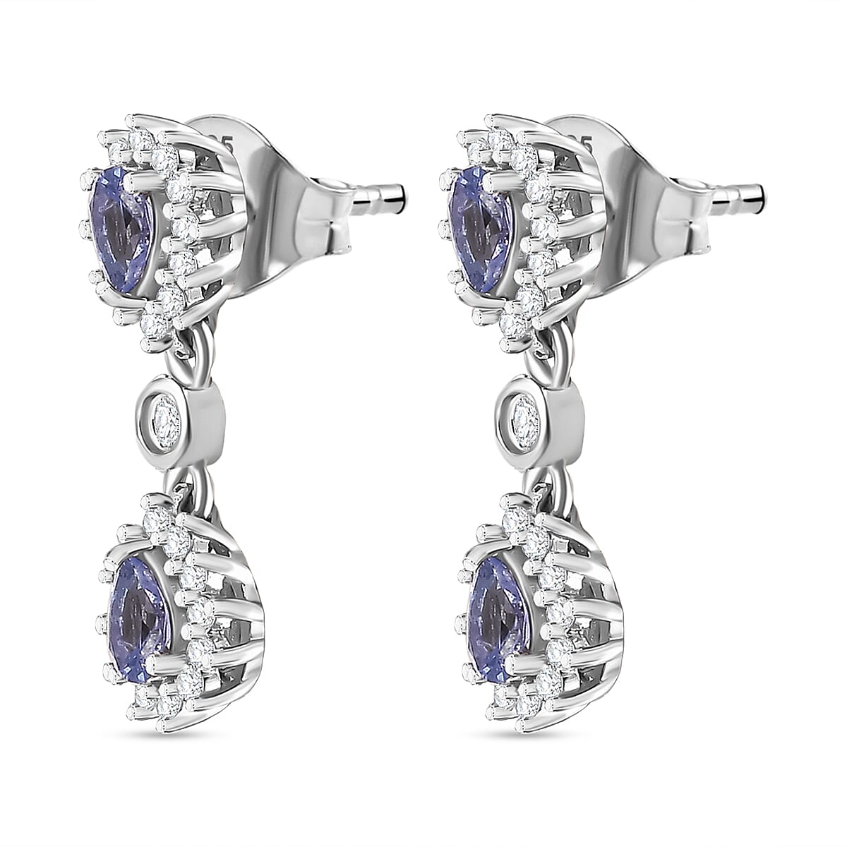 Tanzanite & White Zircon Dangling Earring With Push Back in Rhodium Overlay Sterling Silver 1.29 Ct.