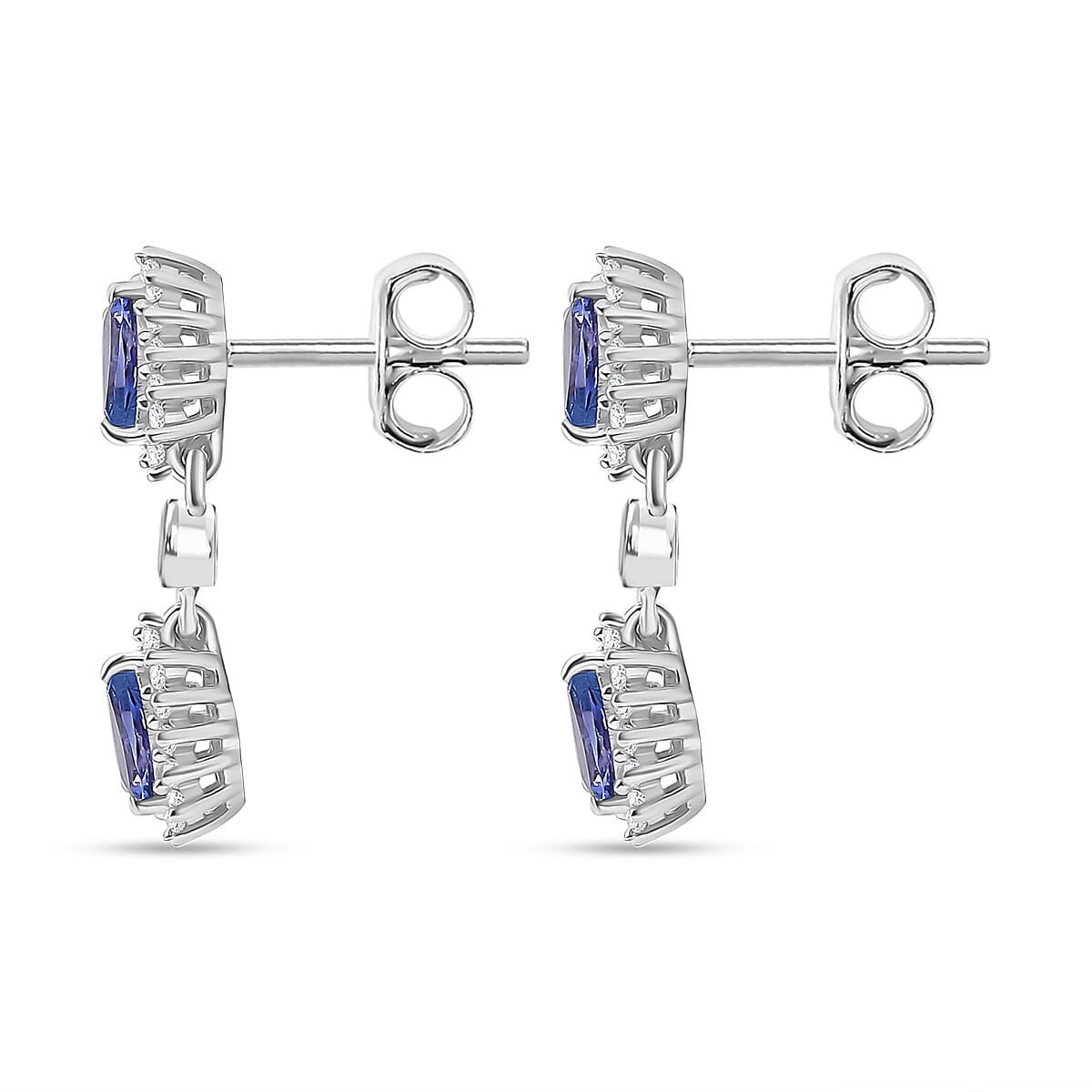 Tanzanite & White Zircon Dangling Earring With Push Back in Rhodium Overlay Sterling Silver 1.29 Ct.