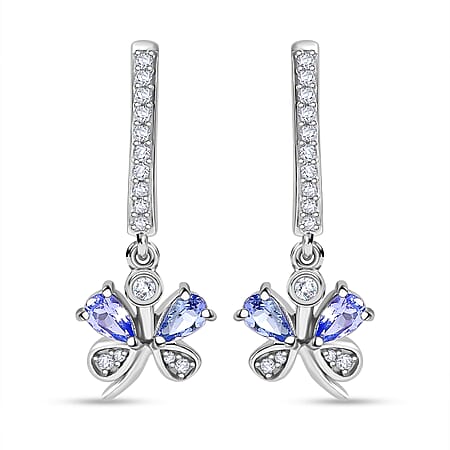 Tanzanite ,  White Zircon  Dangling Earring in Rhodium Overlay Sterling Silver 1.30 ct  1.176  Ct.