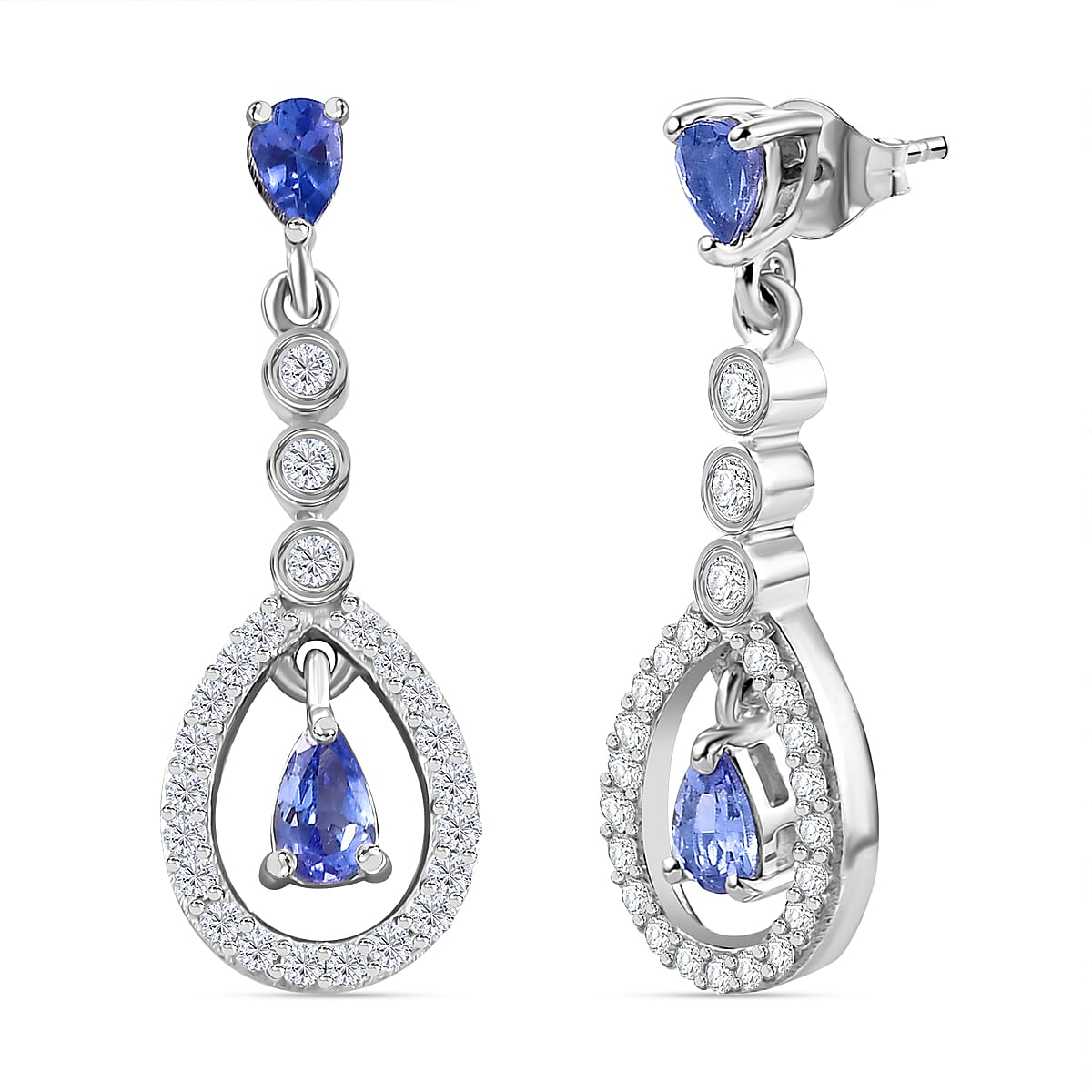Tanzanite & White Zircon Dangling Earring With Push Back in Rhodium Overlay Sterling Silver