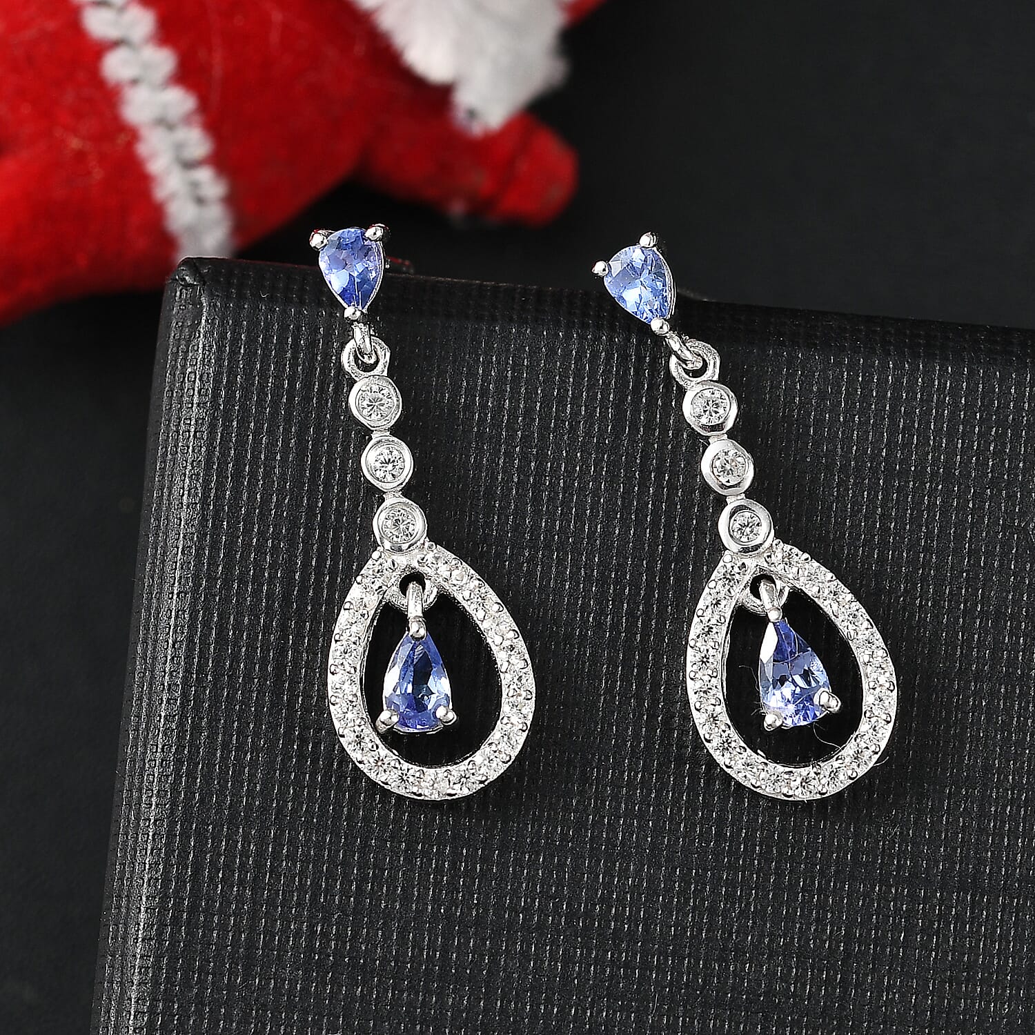 Tanzanite & White Zircon Dangling Earring With Push Back in Rhodium Overlay Sterling Silver