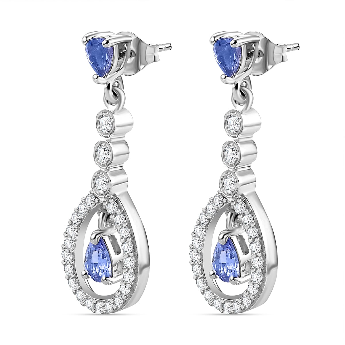 Tanzanite & White Zircon Dangling Earring With Push Back in Rhodium Overlay Sterling Silver