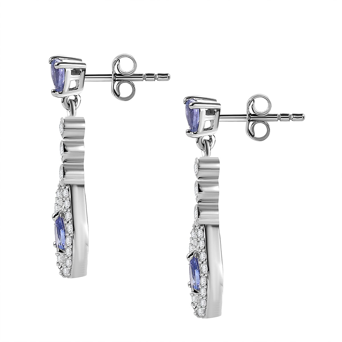 Tanzanite & White Zircon Dangling Earring With Push Back in Rhodium Overlay Sterling Silver