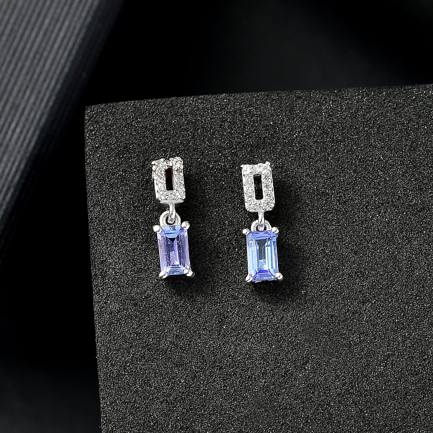 Tanzanite & White Zircon Solitaire Stud With Push Back Earring in Rhodium Overlay Sterling Silver 0.70 Ct.