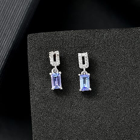 Tanzanite & White Zircon Solitaire Stud With Push Back Earring in Rhodium Overlay Sterling Silver 0.70 Ct.