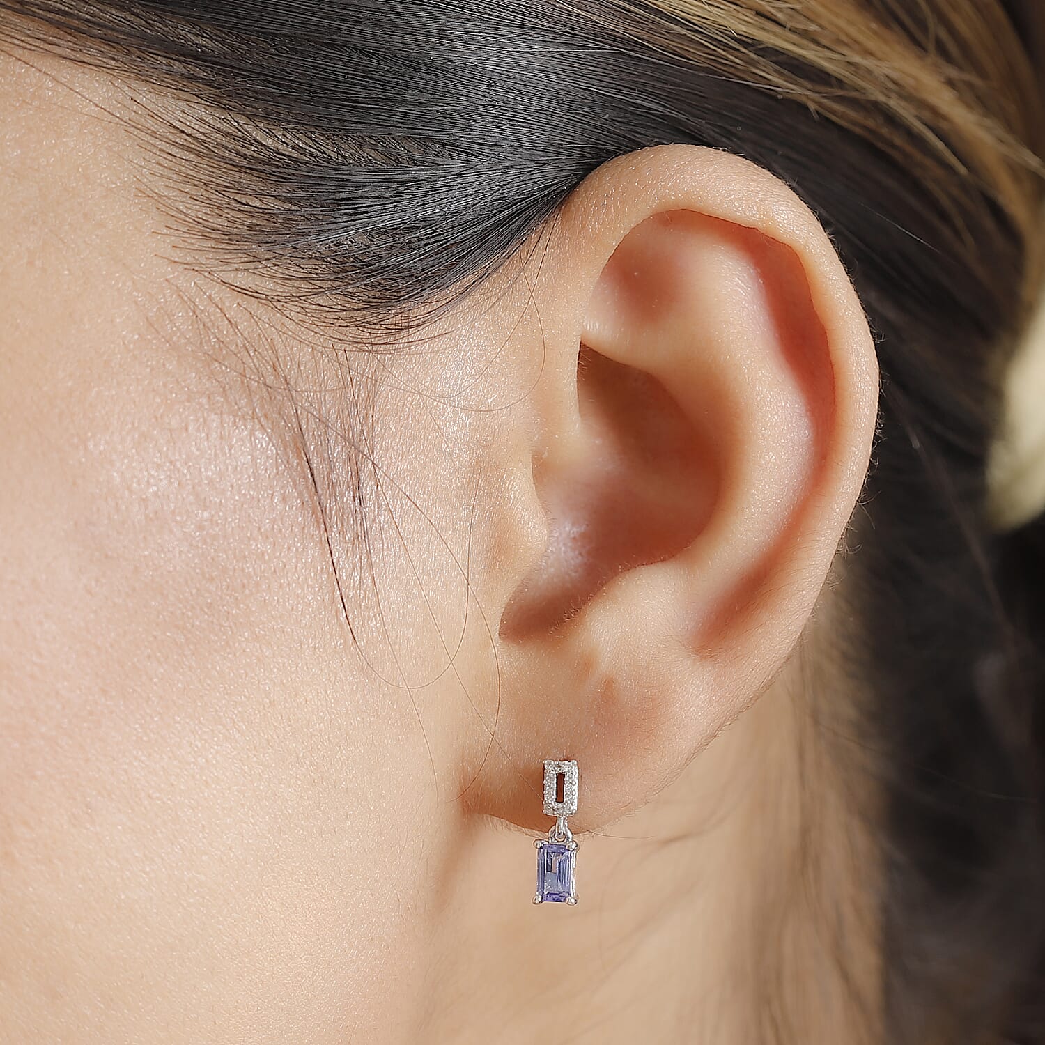 Tanzanite & White Zircon Solitaire Stud With Push Back Earring in Rhodium Overlay Sterling Silver 0.70 Ct.