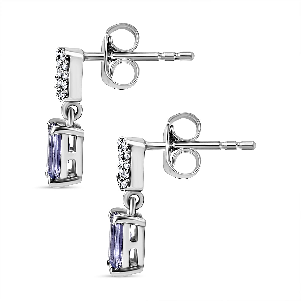 Tanzanite & White Zircon Solitaire Stud With Push Back Earring in Rhodium Overlay Sterling Silver 0.70 Ct.