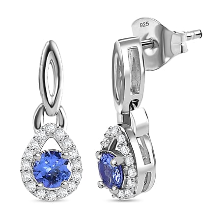 Tanzanite ,  White Zircon  Solitaire Stud Push Post Earring in Rhodium Overlay Sterling Silver 1.58 ct  0.824  Ct.