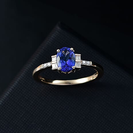 9K Yellow Gold AAA Tanzanite & White Diamond Ring 1.23 Ct.