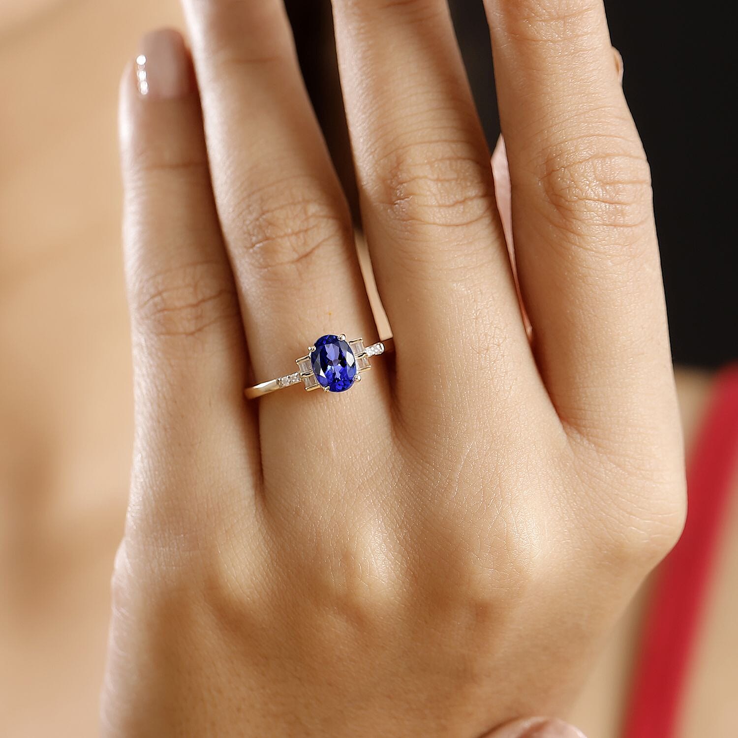 9K Yellow Gold AAA Tanzanite & White Diamond Ring 1.23 Ct.