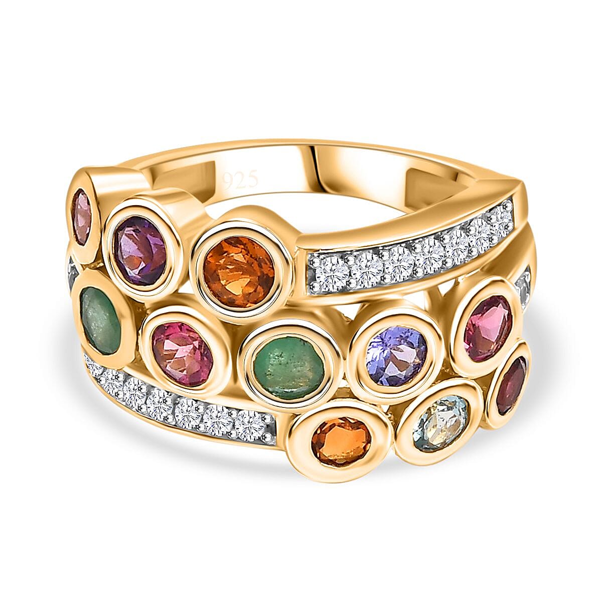Lagoon Apatite and Multi Gemstones Cluster Bubble Ring in 18K Vermeil Yellow Gold Plated Sterling Silver