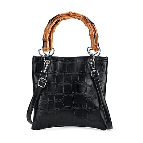 Leatherette Croc Pattern Crossbody Bag with Handle Drop - Black