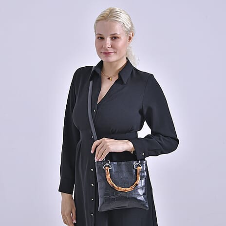 Leatherette Croc Pattern Crossbody Bag with Handle Drop - Black