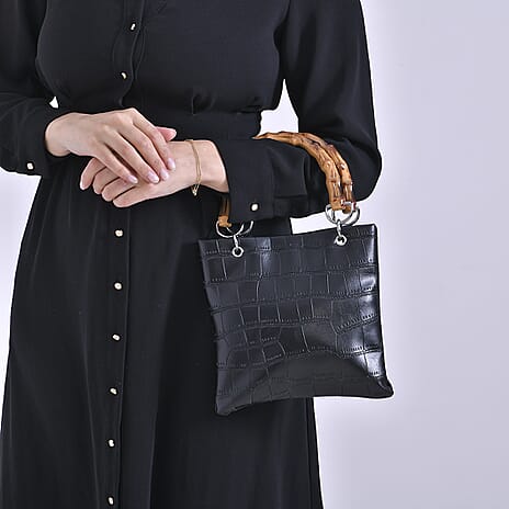 Leatherette Croc Pattern Crossbody Bag with Handle Drop - Black