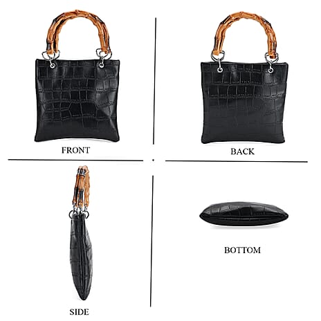 Leatherette Croc Pattern Crossbody Bag with Handle Drop - Black