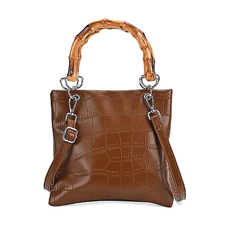 Leatherette Croc Pattern Crossbody Bag with Handle Drop - Coffee