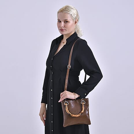 Leatherette Croc Pattern Crossbody Bag with Handle Drop - Coffee