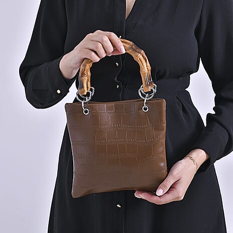 Leatherette Croc Pattern Crossbody Bag with Handle Drop - Coffee